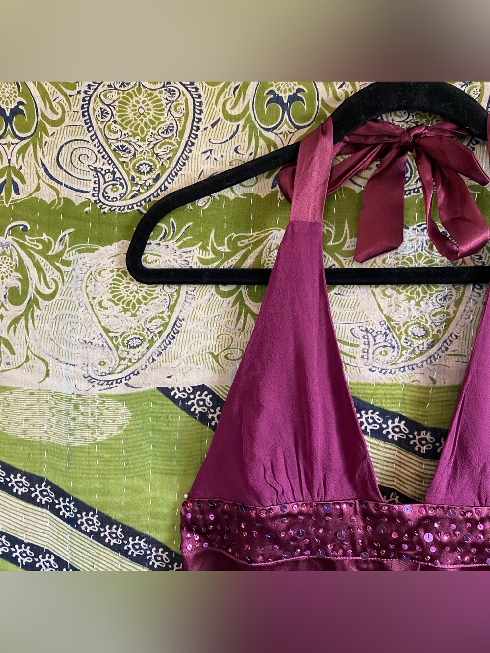 Vintage Y2K Twenty One Plum Silk/ Satin Sequined Fairycore Halter Top Small - Picture 4 of 13
